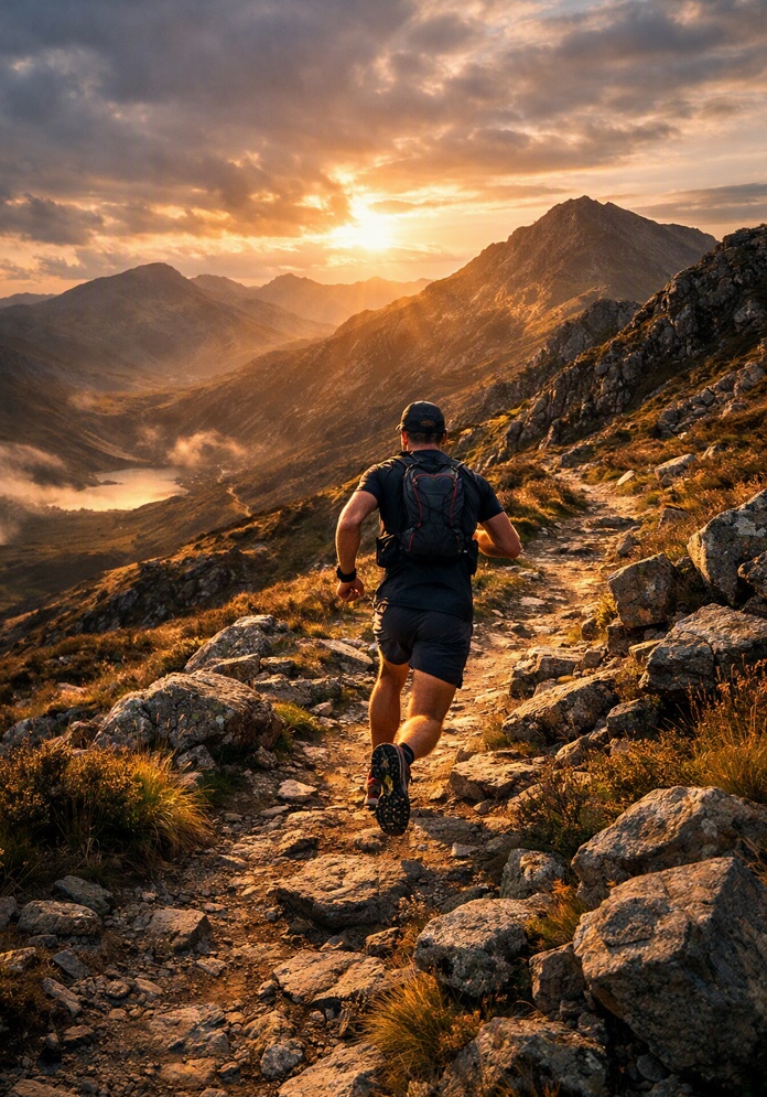 Trail running through mountain terrain for endurance training